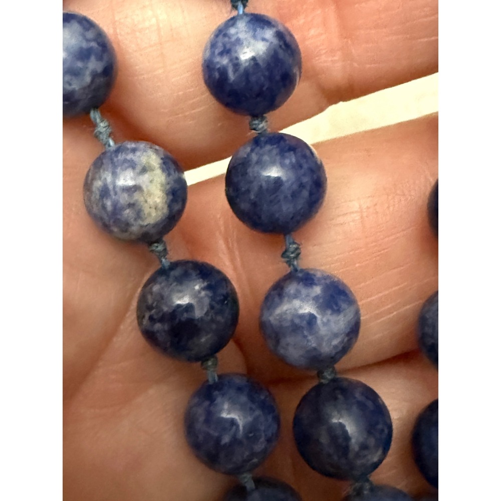 Vintage Sodalite Bead Necklace 34" Hand Knotted Blue Natural Stone Long Strand